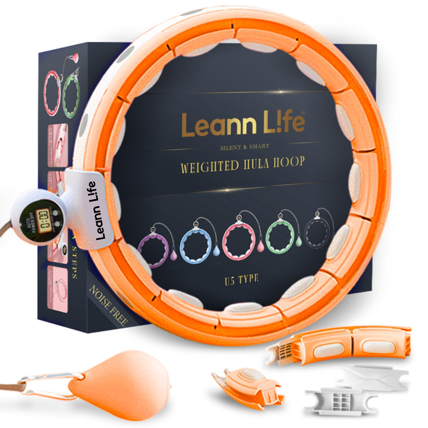 U5-16 nodi con contatore, U5 Silent Smart ponderato Hula Hoop per adulti perdita di peso Infinity Hoop Plus Size, esercizio fitness a casa all'aperto, tonificante addominale, (arancione -