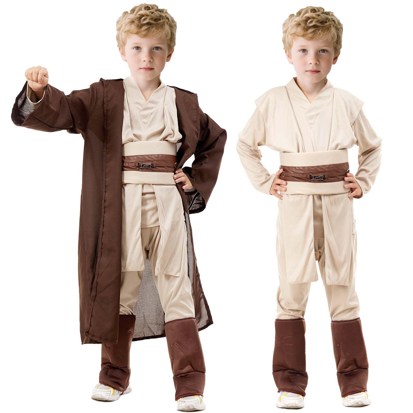 shyhand Knight Costume Kids Robe Knight Fancy Dress 4Pcs Tunic Hooded Cape Pants Belt Child Cosplay for Halloween (Brown, Medium) - Image 2