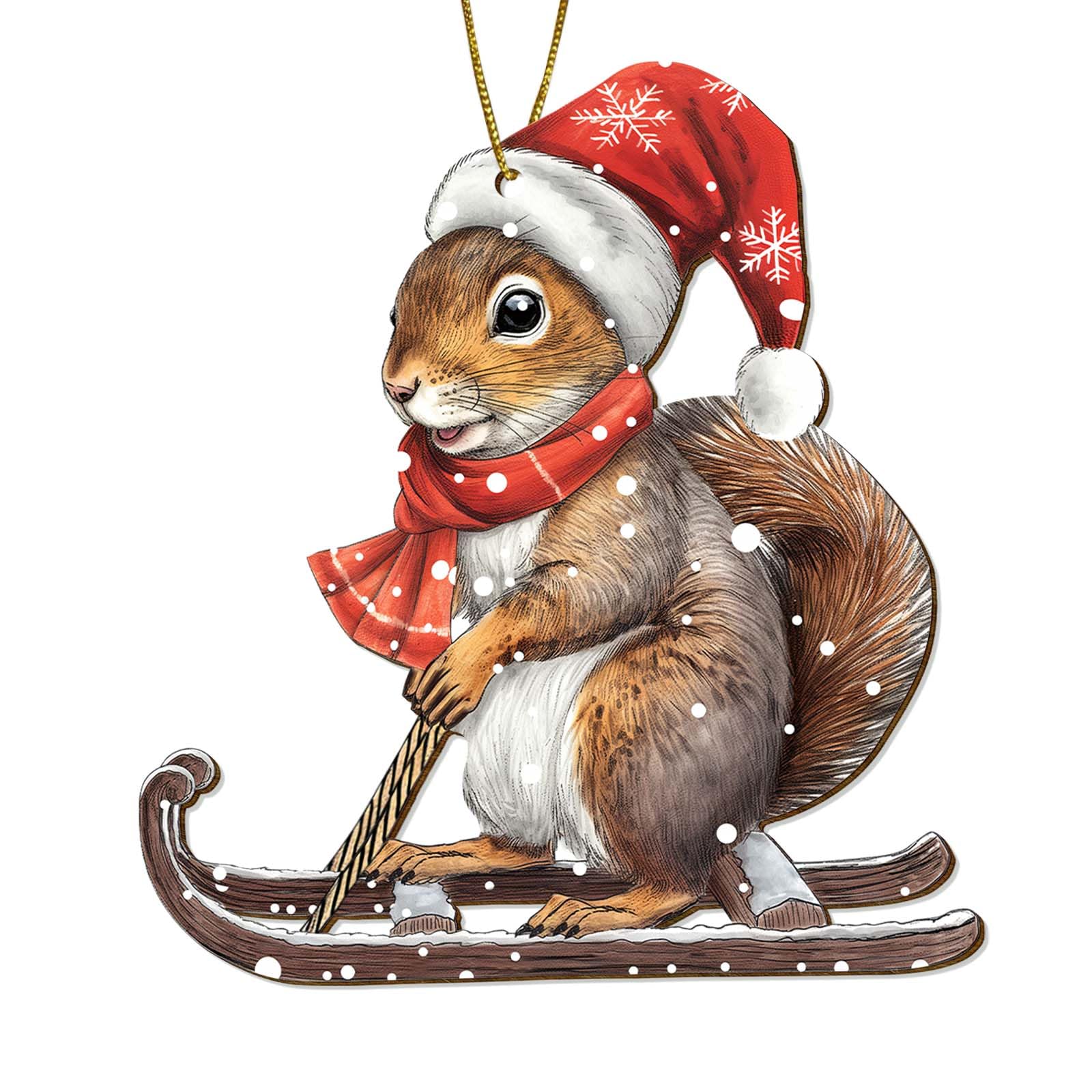 Snowboarding Squirrel Christmas Tree Keepsake Ornaments, Funny Squirrels Themed 2 Side Printed Flat Wooden Ornament, Xmas Hanging Decor
