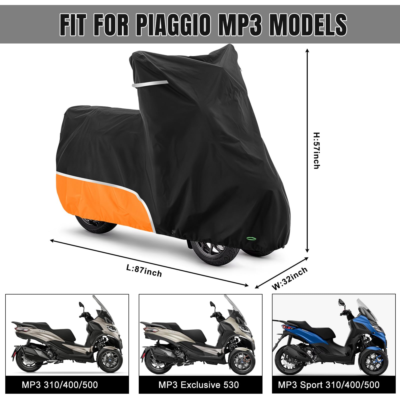 Pokrowiec na motocykl, do użytku na zewnątrz, wodoszczelny i odporny na warunki zimowe, tkanina Oxford 420D, pasuje do Piaggio MP3 250/310/300/350/400/500/530 (kolor pomarańczowy)