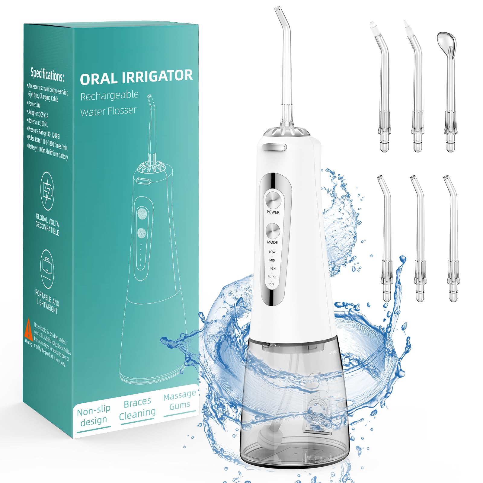 Water Flosser,300ML Water Pulse flossers-5 Modes&6 Replaceable Jet Tips for Teeth Cleaning and Flossing,Rechargeable (White)