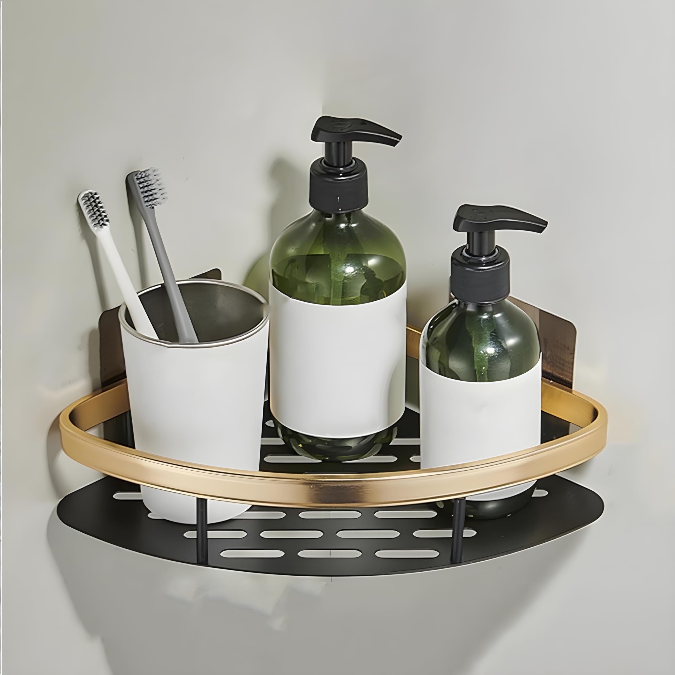 SquareUp Multipurpose Self-Adhesive Wall Mount Aluminium Corner Shelf for Bathroom Organizer Holder, Accessories, Racks (Gold, 1Pcs)