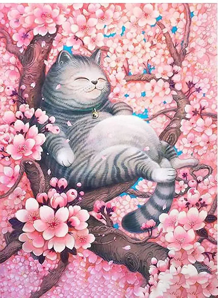 KASTWAVE Cat Flowers 5D Diamond Painting Numbers Kit, Paint Round Diamond Beads Full Drill Canvas Wall Home Decoration Gift, DIY for Adults & Kids