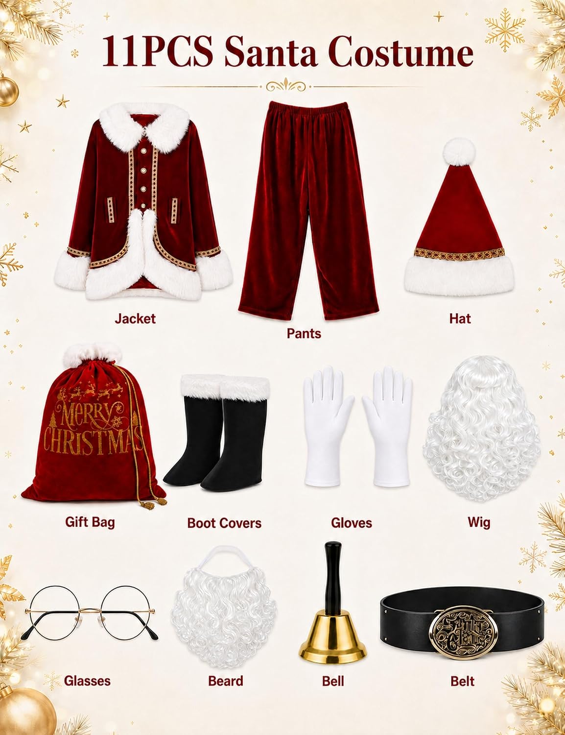 Santa Claus Costume for Men Deluxe Professional Santa Suit Adults 11pcs Red Mens Outfit Christmas Clause Suits Adult
