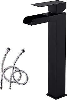 KENES Black Tall Bathroom Faucet Matte Black Waterfall Vessel Sink Faucet Single Hole Bathroom Sink Faucet Single Handle Washroom Faucet Lavatory Vanity Faucet Basin Mixer Tap, KE-9035A-2