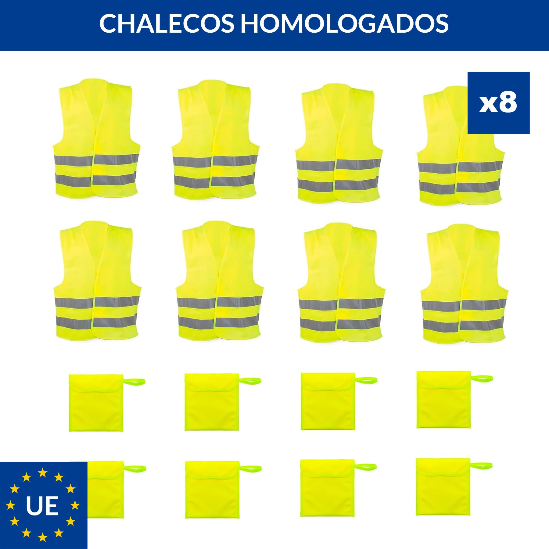 Adri 8 Chalecos Reflectantes de Seguridad, Poliéster, Unisex Adulto, Amarillo, Ajustable con Cierre de contacto, Homologado, con 8 Bolsas de Almacenamiento (8, Amarillo, Estandar)