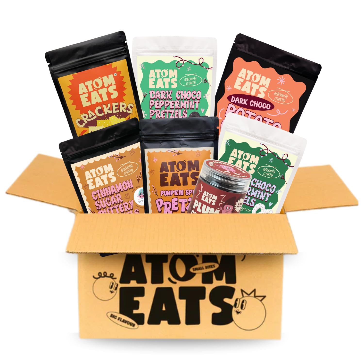 Atom Eats Christmas Special Combo Pack - Holiday Hamper (Pack of 7) | Assorted Festive Snacks Gift Box | Gourmet Pretzels, Pops & Crackers | Crunchy Gourmet Pretzels | Premium Combo for Snacking & Gifting | Imported Quality | Party - Snacks - Events -Birthdays |