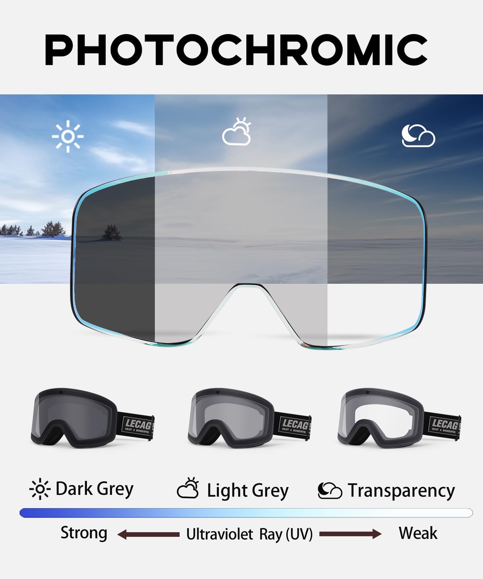 OTG Lunettes de ski photochromiques sans cadre - Adaptives à la lumière - Anti-buée - Protection UV - Pour homme et femme