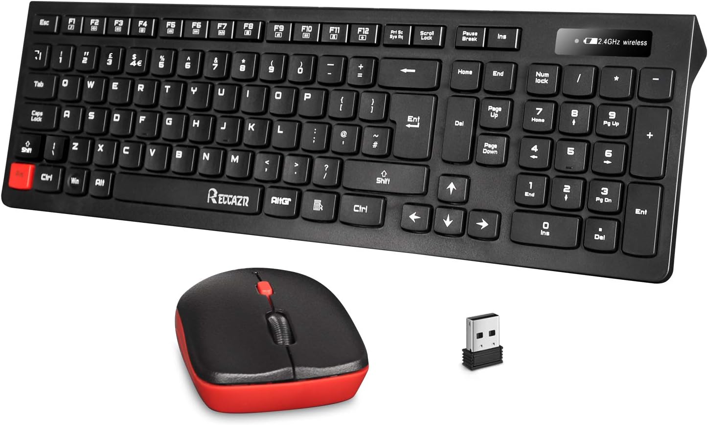 Wireless Keyboard and Mouse Set,(Full Size Chiclet Keyboard,Long Battery life) RECCAZR UK Layout 2.4G Cordless Keyboard & Mouse Combo with 1 Nano USB Receiver for Apple Mac Windows (Black)