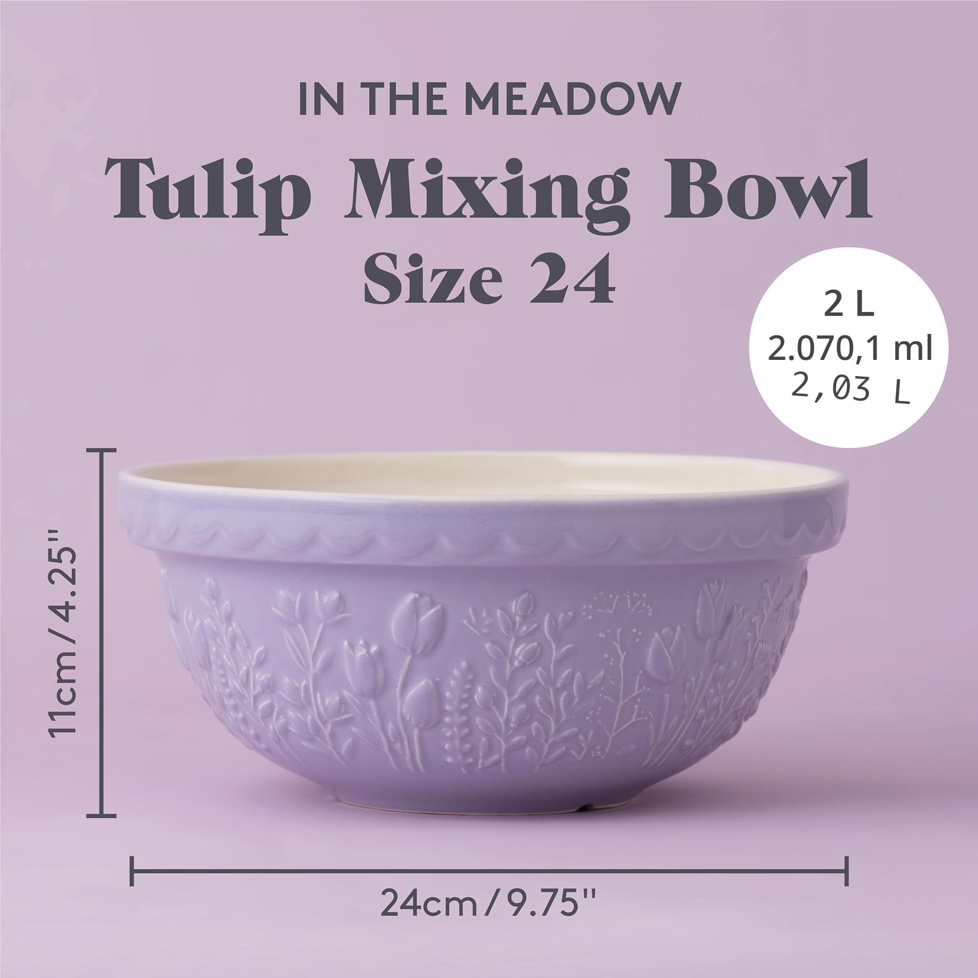 Mason Cash IN THE MEADOW Rührschüssel 2 Liter, Ø 24 cm, Steingut | Teigschüssel, Blumenmotiv, lavendel, spülmaschinenfest, splitterresistent, mikrowellengeeignet, gefriergeeignet