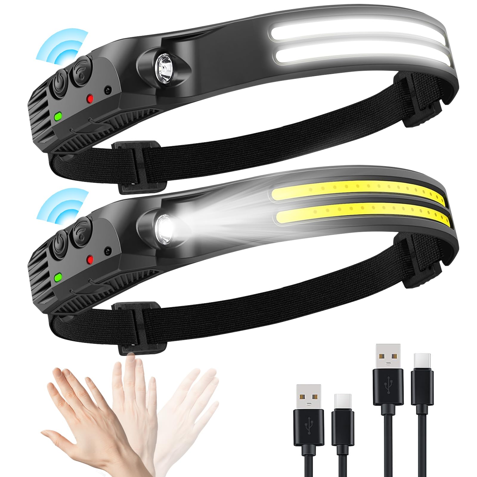WenYa Head Torch Rechargeable, 270° Wide Angle Headtorch with Hands Free Sensor 5 Lighting Modes, Lightweight Waterproof Led Headlamp for Camping Fishing Running, 2Pack