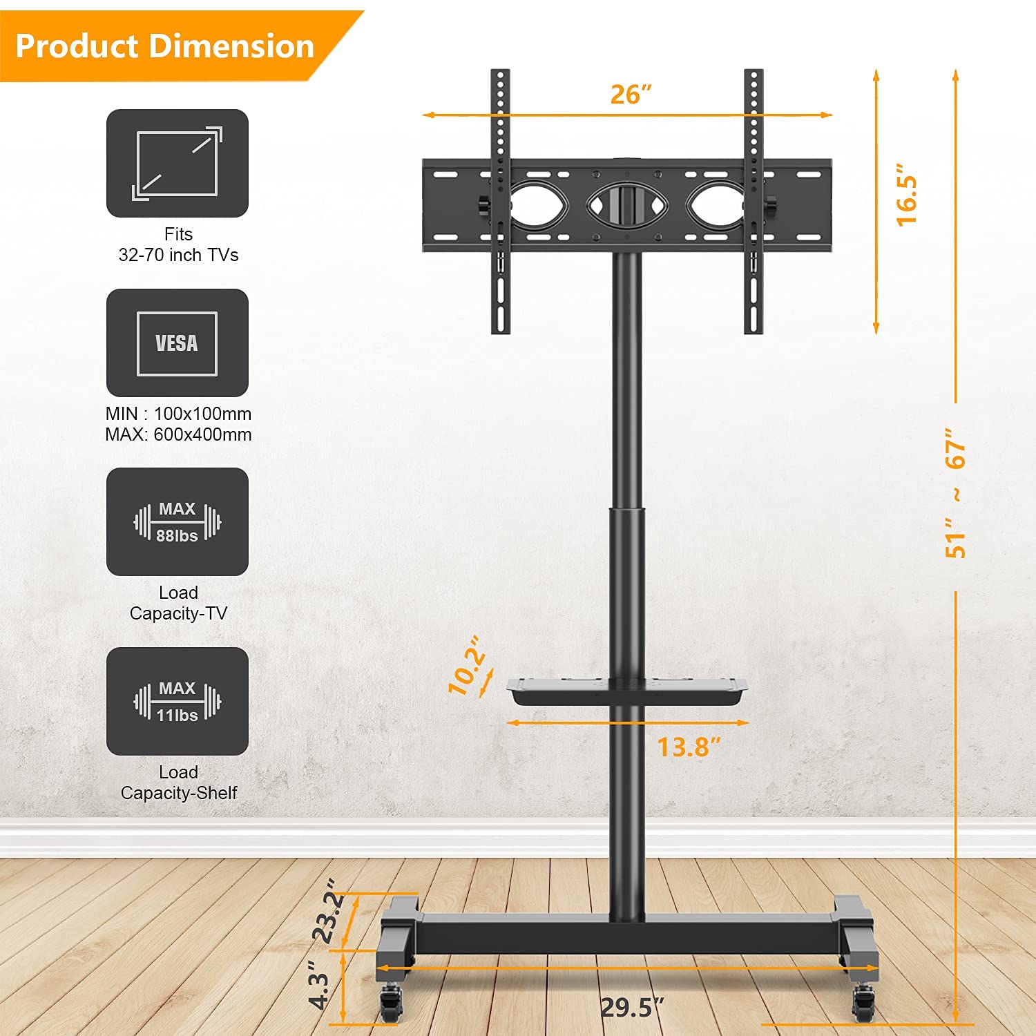 Large Rolling TV Stand Portable Monitor Stand for 3270 Inch Flat