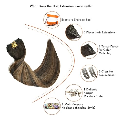 Miniatura 5 de SEACOLOR Liquidación de existencias 16 pulgadas, 4.94 oz balayage, marrón oscuro mezclado con castaño Remy extensiones de cabello, reflejos de