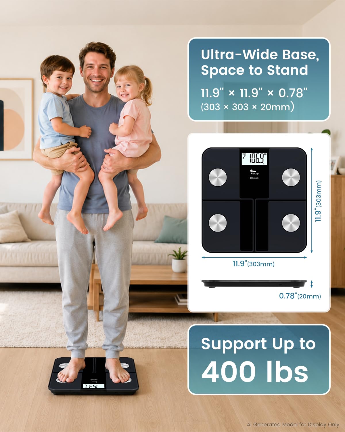 himaly Cyfrowa waga osobowa z aplikacją Smart Fitness, 6-kolorowy wyświetlacz LCD, 18 danych o ciele, szybkie ładowanie przez USB, maks. 180 kg
