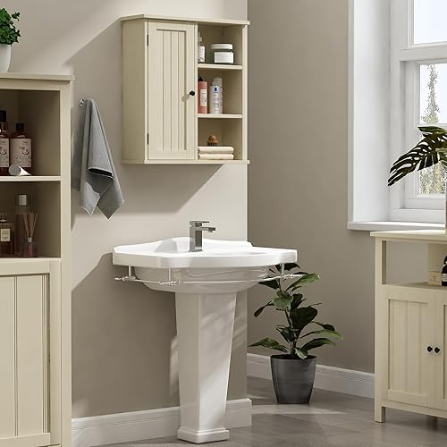 Miniatura 8 de Treocho Armario de pared de baño, botiquín con puerta y 3 estantes abiertos, organizador de almacenamiento montado en la pared para baño, cocina,