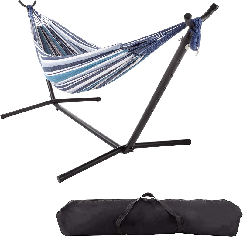 2 Person Double Hammock with Stand for Outside, Blue Stripe | 400lb Capacity Cotton Outdoor Hammocks with with Carry Bag for Backyard, Deck, Porch or Patio Decor