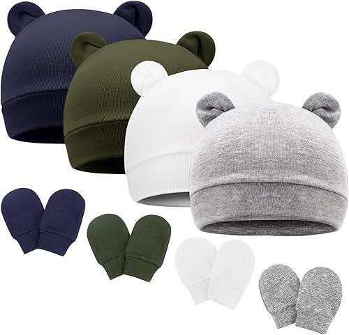 BQUBO Newborn Baby Bear Ears Hats and Mittens Sets Preemie Cotton Caps Baby Boy Girl Infant Hospital Beanie