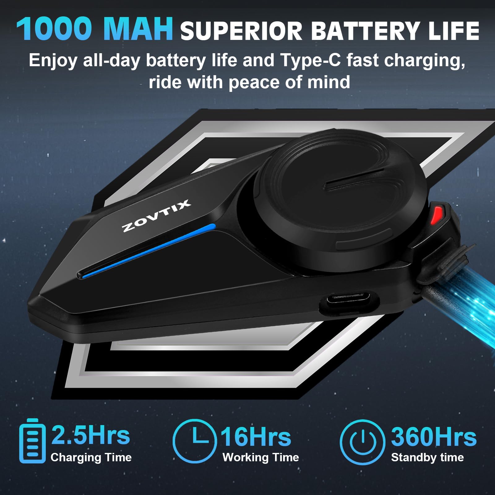 Motorcycle Helmet Headset 3 Riders Communication System S2 Intercom with Music Sharing/HiFi Sound/3 EQ Music Modes/DSP&CVC Noise Cancellation/IP67/FM Radio - S2-Black 2 Pack — view 6