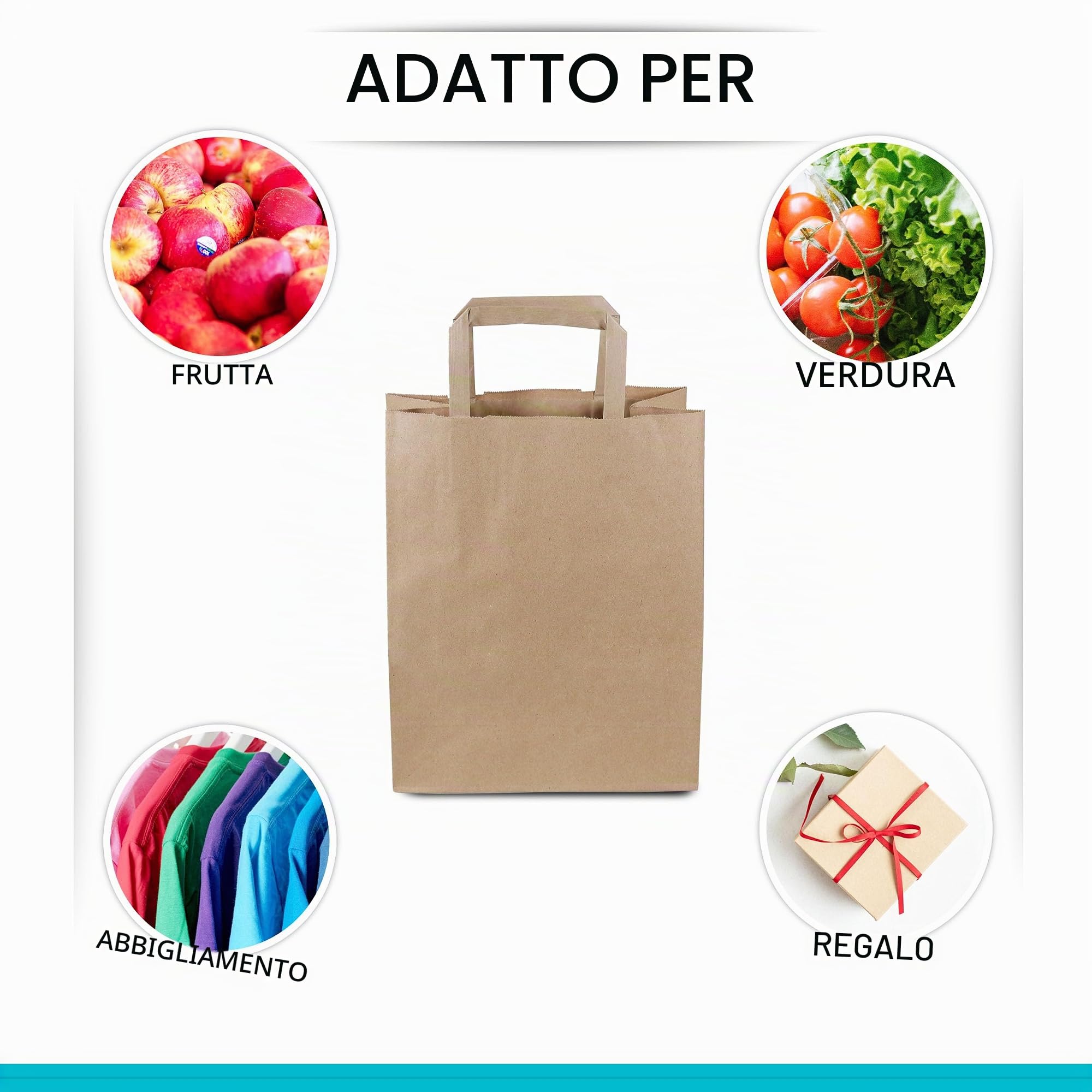 Commerline Sacchetti di Carta Kraft 250 Pezzi | 22 + 10 x 28 cm Marrone | Piccoli Sacchetti di Carta Kraft con Manico | Grande Sacchetto