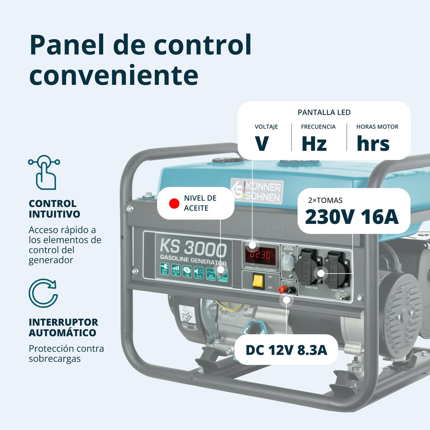 Könner & Söhner Generador de gasolina KS 3000, grupo electrogeno 3000W, 2x16 A (230 V),12 V, generador electrico con (AVR), indicador aceite, protección ante sobrecarga, pantalla