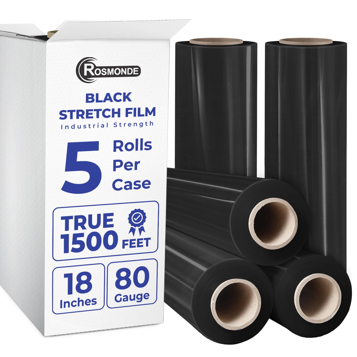 Rosmonde Bulk Plastic Wrap for Moving, 5 Pack, True 18" x 1500 ft Black Shrink Wrap, 80 Gauge / 20 Microns, Industrial Strength Pallet Stretch Wrap,