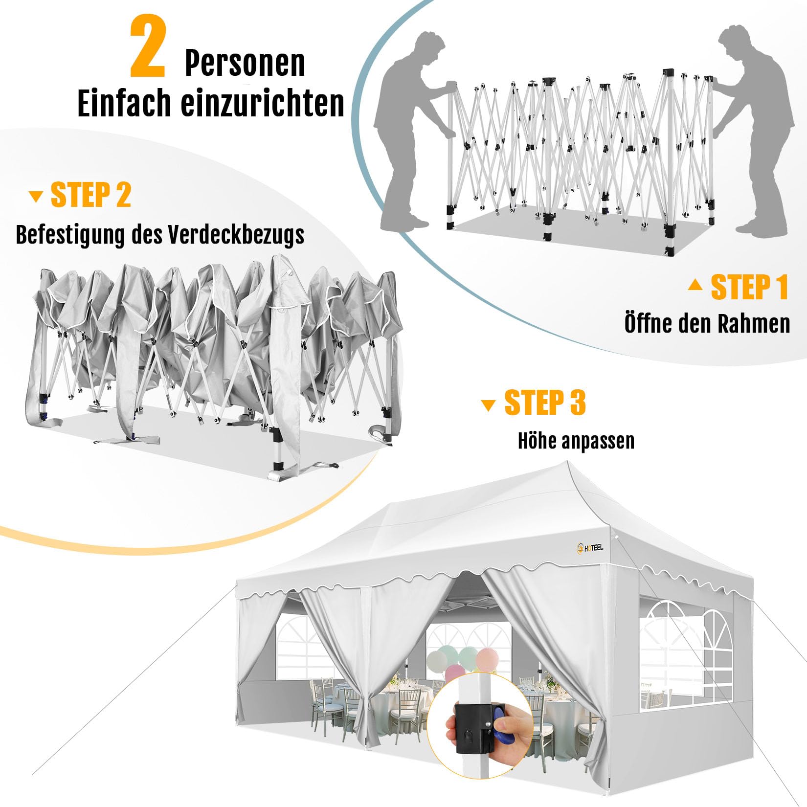 HOTEEL Gazebo 3x6 Impermeabile Pieghevole, Con 6 Pannelli Laterali, Uv 50+, Telaio Spesso, One-Touch Pop Up Gazebo con Sacca Portaoggetti, Per Matrimoni, Spiagge, Feste, Giardino (Bianco)