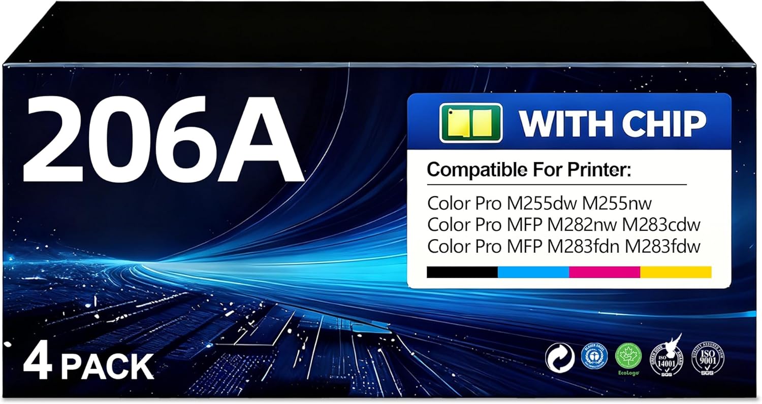 206A Toner Cartridges 4-Pack with Chip Replacement for HP 206A W2110A 206X | Works with Color LaserJet Pro M255 MFP M282 M283 Series Printers (Black, Cyan, Yellow, Magenta)