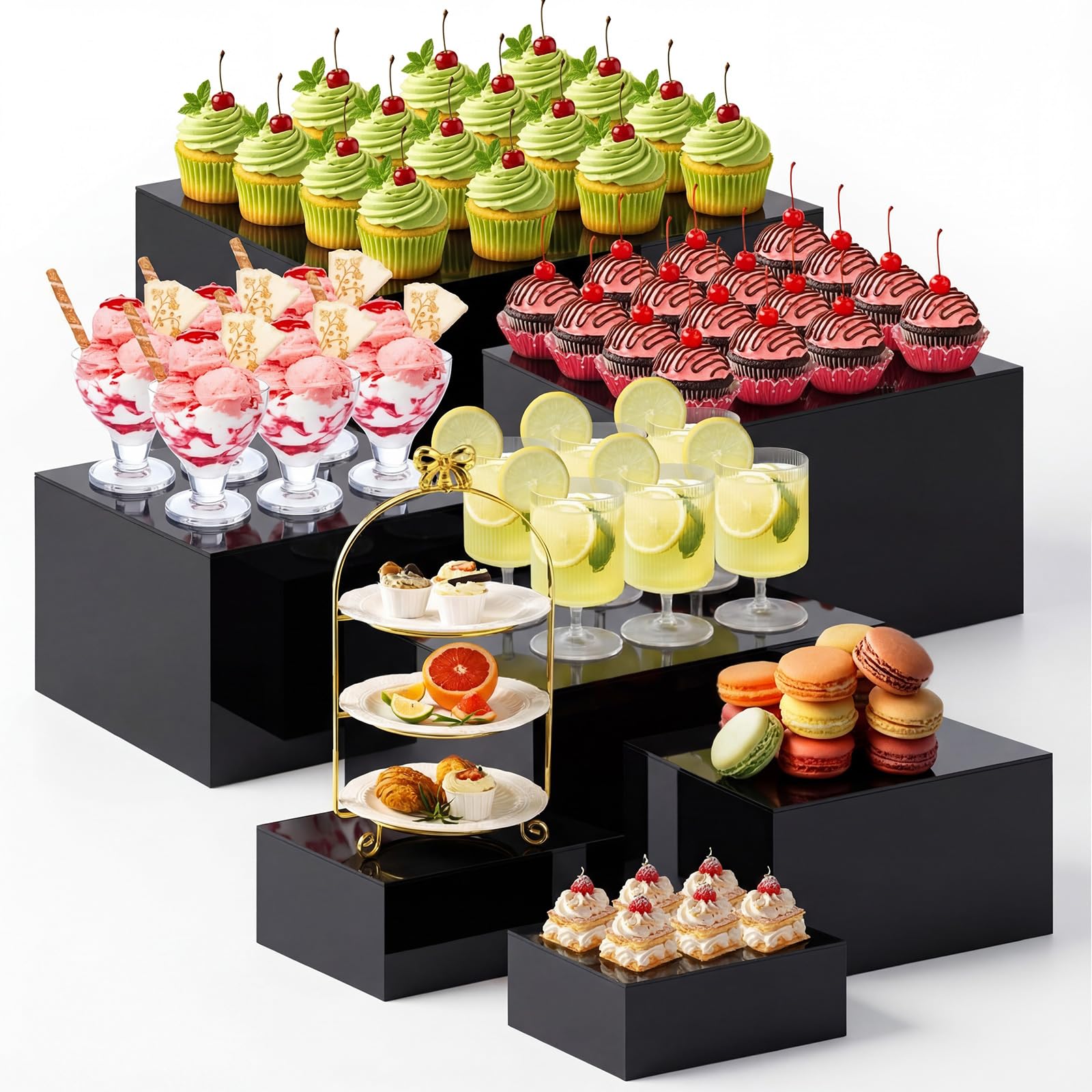Leinuosen 7 Pcs Extra Large Acrylic Buffet Risers, 8-14" Square, Black