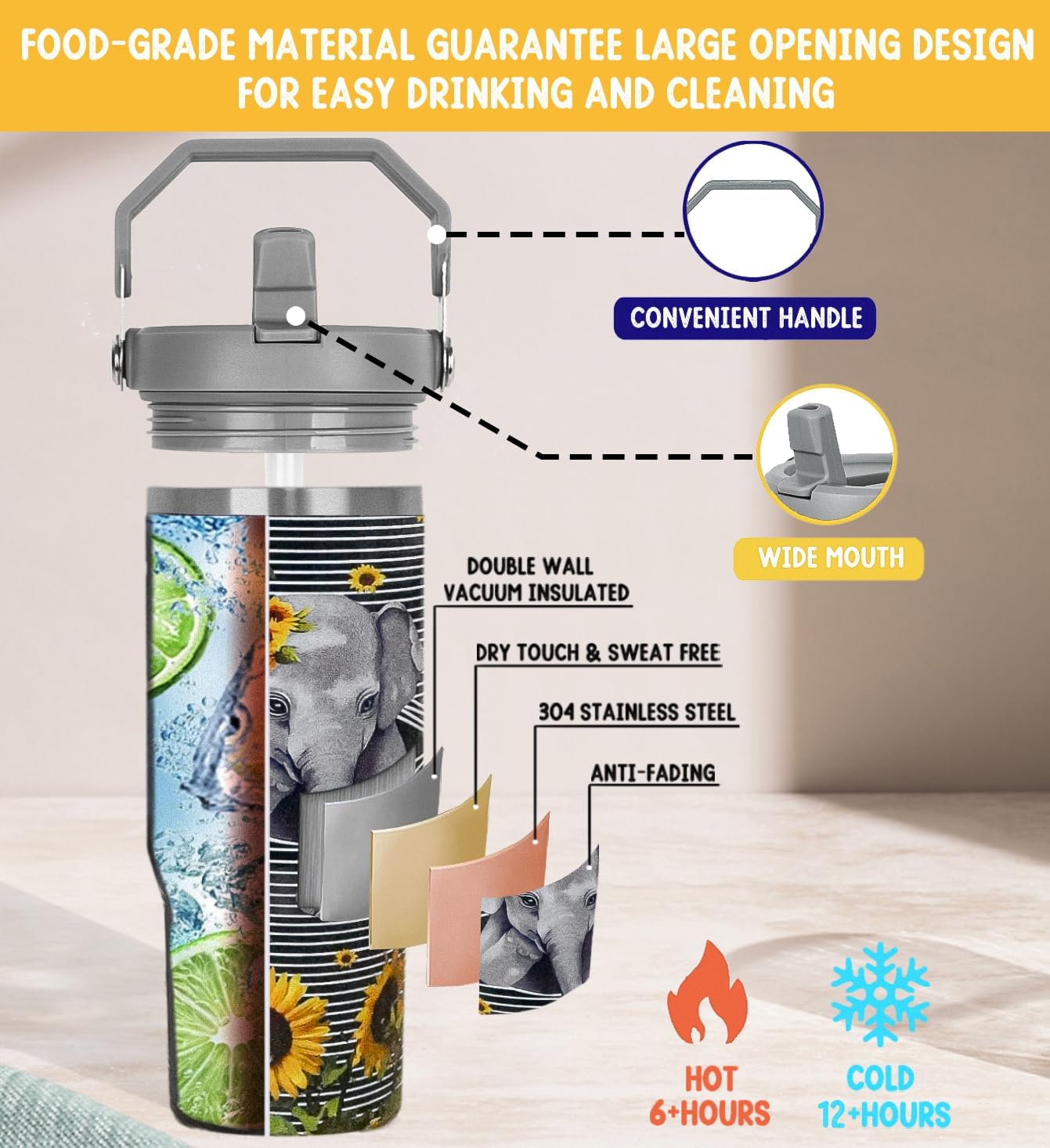 Elephant Sunflower Tumbler with Handle and Flip Straw Elephant Cup Insulated Leak Proof Coffee Travel Mug Water Bottle Elephants Gifts for Women Christmas Mothers Day Birthday-30 oz(1PCS) - Image 5