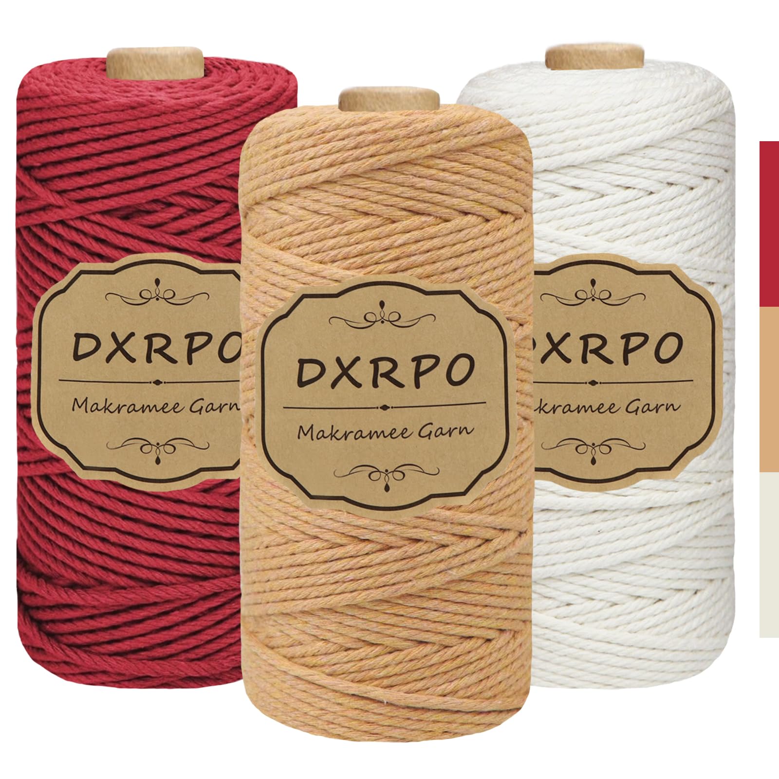 DXRPO Premium Makramee Garn Set, 3 Stück 3mm x 100m Macrame Cord,Baumwollgarn Macrame Garn für DIY Handwerk, Hängepflanzen,Weihnachten,Boho Deko