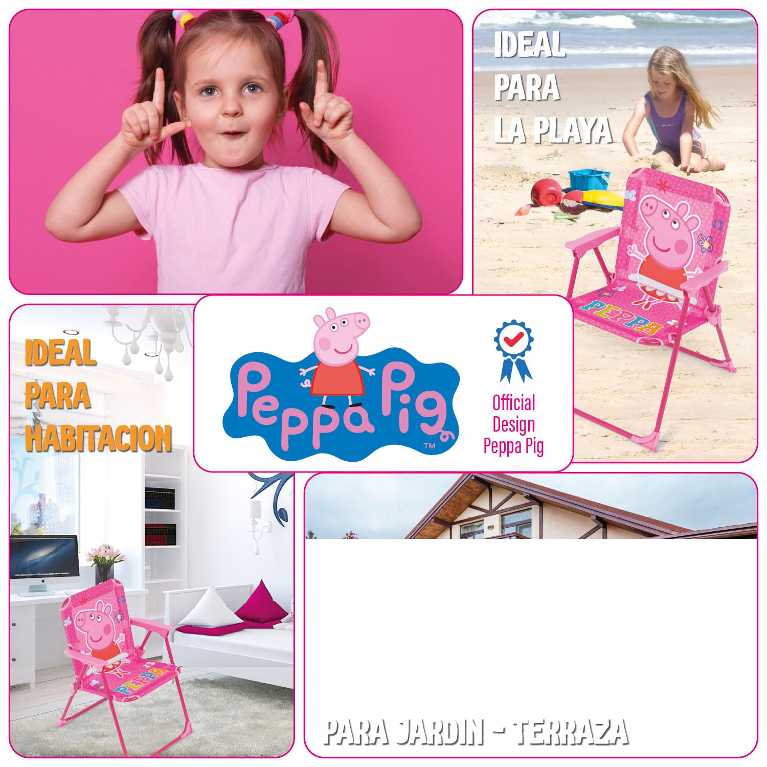 ARDITEX Peppa Pig Klappstuhl für Kinder, Outdoor-Stuhl für Strand, Garten und Terrasse, Metallrahmen, Armlehnen aus Kunststoff und Sitzfläche aus Segeltuch, 38 x 32 x 53 cm, Rosa, PP16177