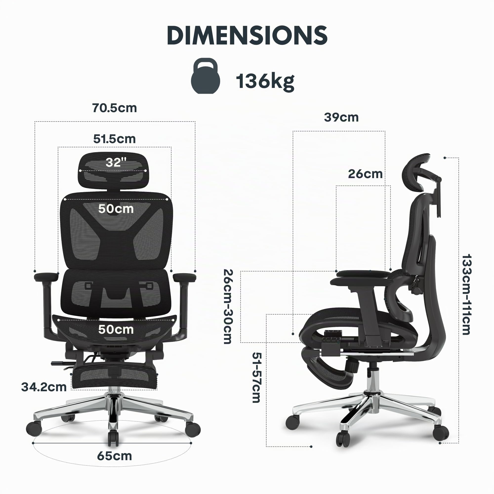 FLEXISPOT ErgoX Chaise Bureau avec Repose-Pieds, Accoudoirs 3D, Chaise de Bureau Ergonomique en Maille Pivotante, Réglable en Hauteur avec Appuie-tête et Soutien Lombaire Indépendant, Noir