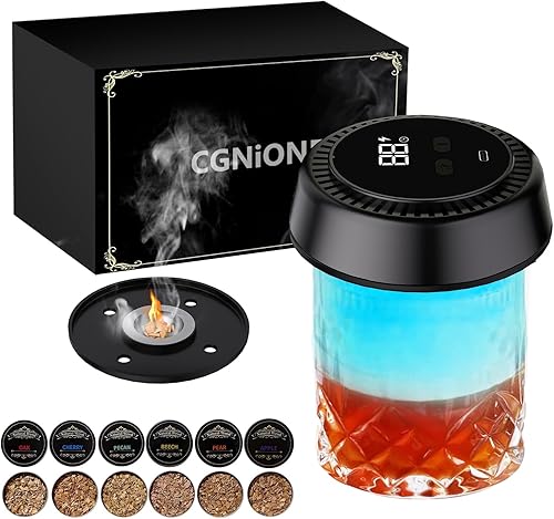 Kit de ahumador de whisky eléctrico con luz RGB, encendedor integrado, kit de ahumador de cóctel recargable con 6 chips de madera, ahumador de
