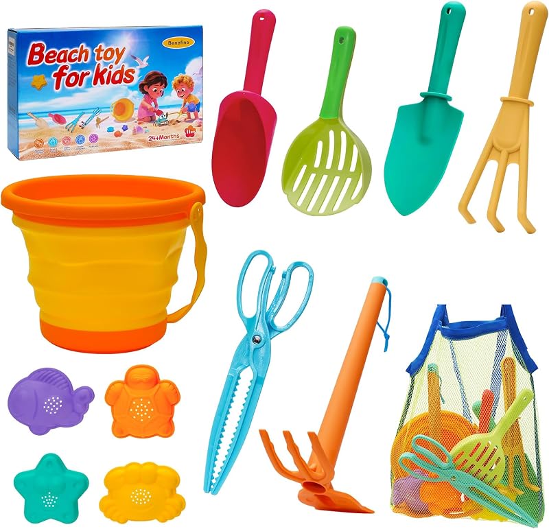 Beach Toy Set for Kids Sand Toys Summer Outdoor Play with Mesh Bag-Includes Collapsible Bucket, Mesh Shovel, Sand Shovel,Scissors Pliers,Rake Mold Kit
