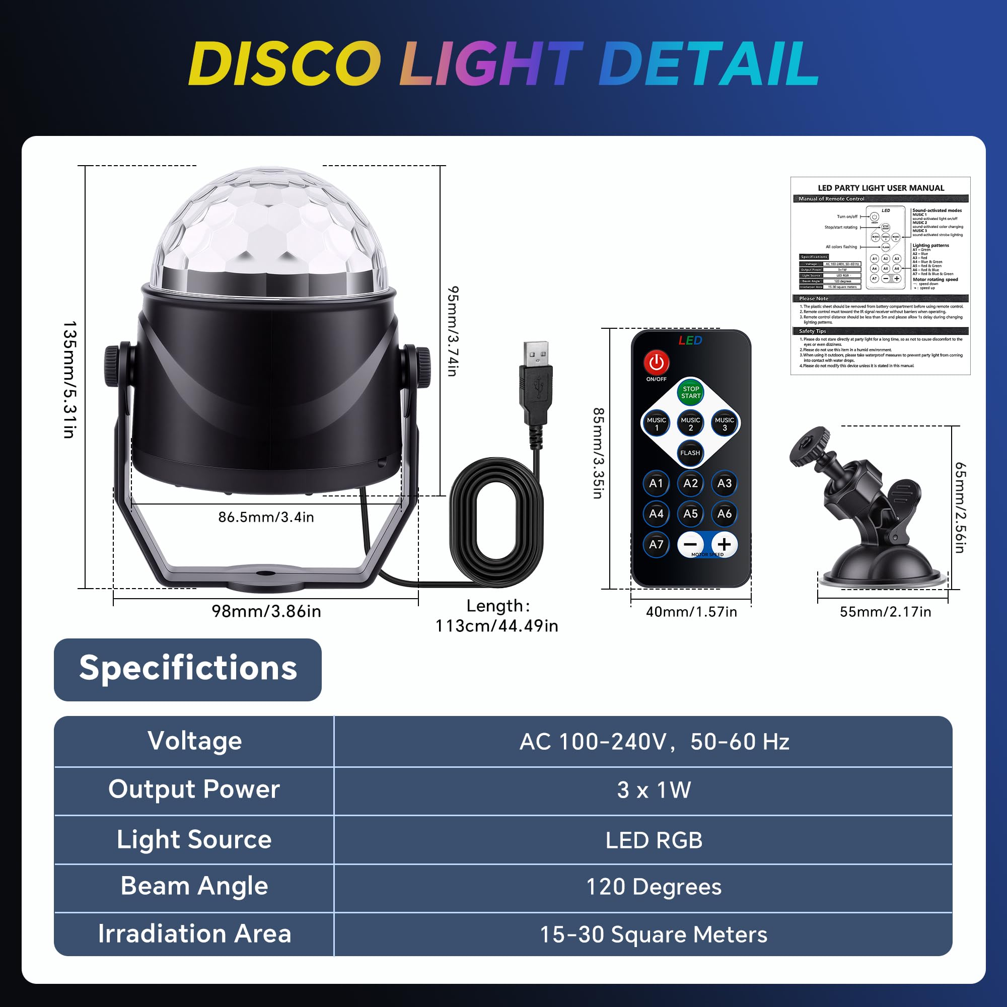 Luci Discoteca RGB, Portatile 360" Ruotabile Musica Attivata Telecomando LED Luci da Festa, Sfera Luminosa da Discoteca con Ventosa Per Home Dance Parties KTV Party,Bar, Club, Festa