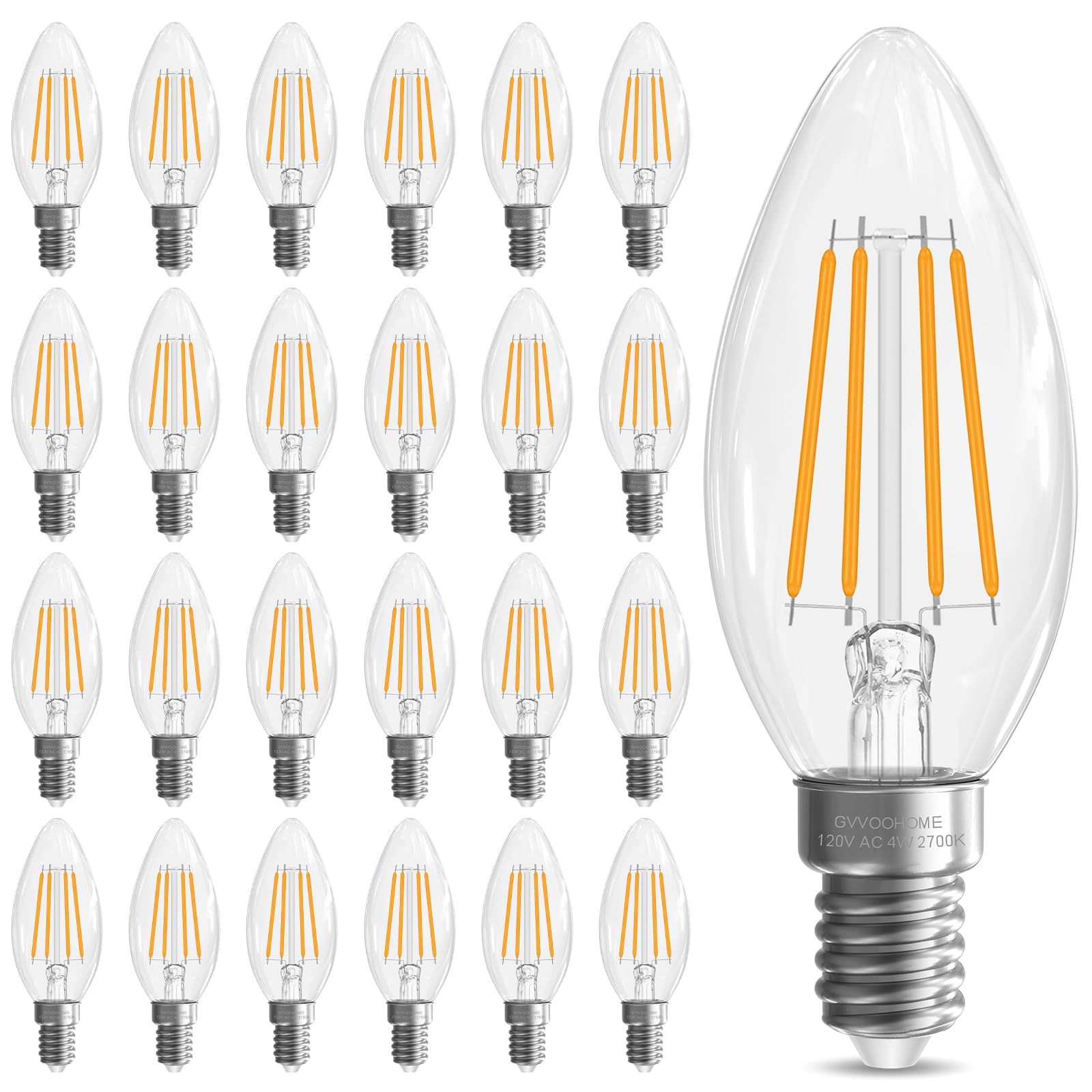 GvvooHome Candelabra Bulbs 40 watt, E12 LED Bulb Non-Dimmable Chandelier Bulb, B10 LED Candle Bulb 2700K Soft White, 90+CRI, 400LM, Cear Glass, 24 Pack