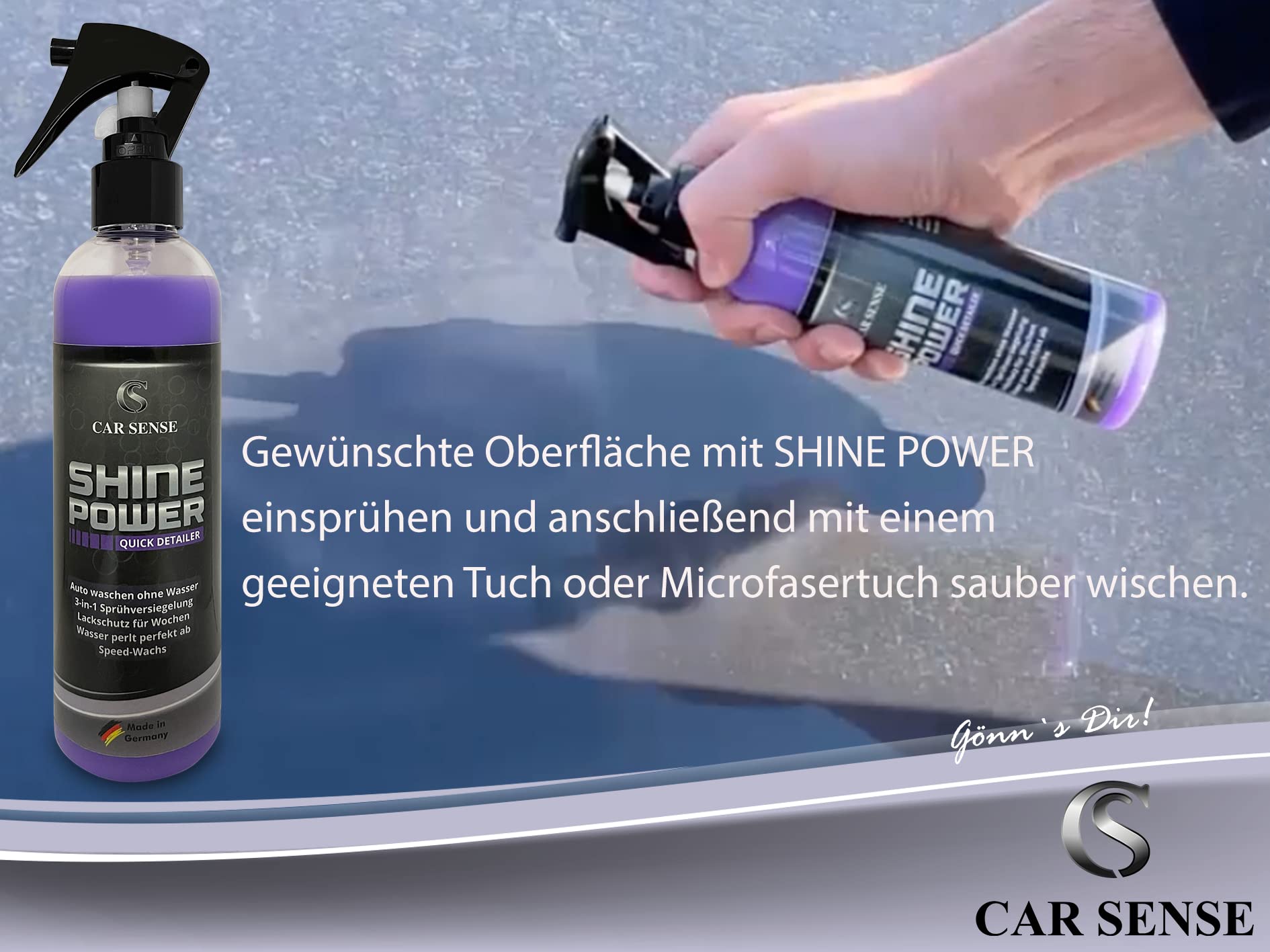 Car Sense SET Shine Power Quick Detailer Speed-Wachs 2x 0,25L 3 in 1 Autolack-Reiniger 1x Premium Spiegelglanz Auto Poliertuch 40x40 cm I Schnellversiegelung I Schnellglanz zum Sprühen I Lackpflege