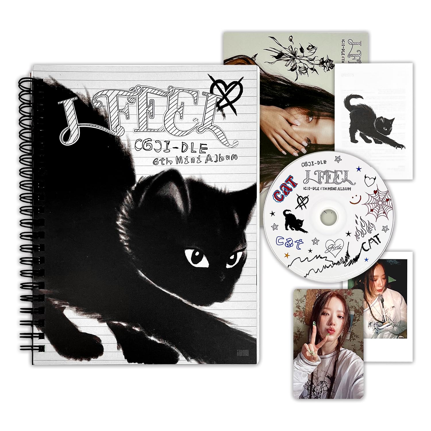 CUBE Ent. (G)I-DLE - 6th Mini Album [I feel] (CAT Ver.) Booklet + Lyric Paper + CD + Photo Card + Polaroid + Mini Poster + 2 Pin Button Badges + 4 Extra Photocards
