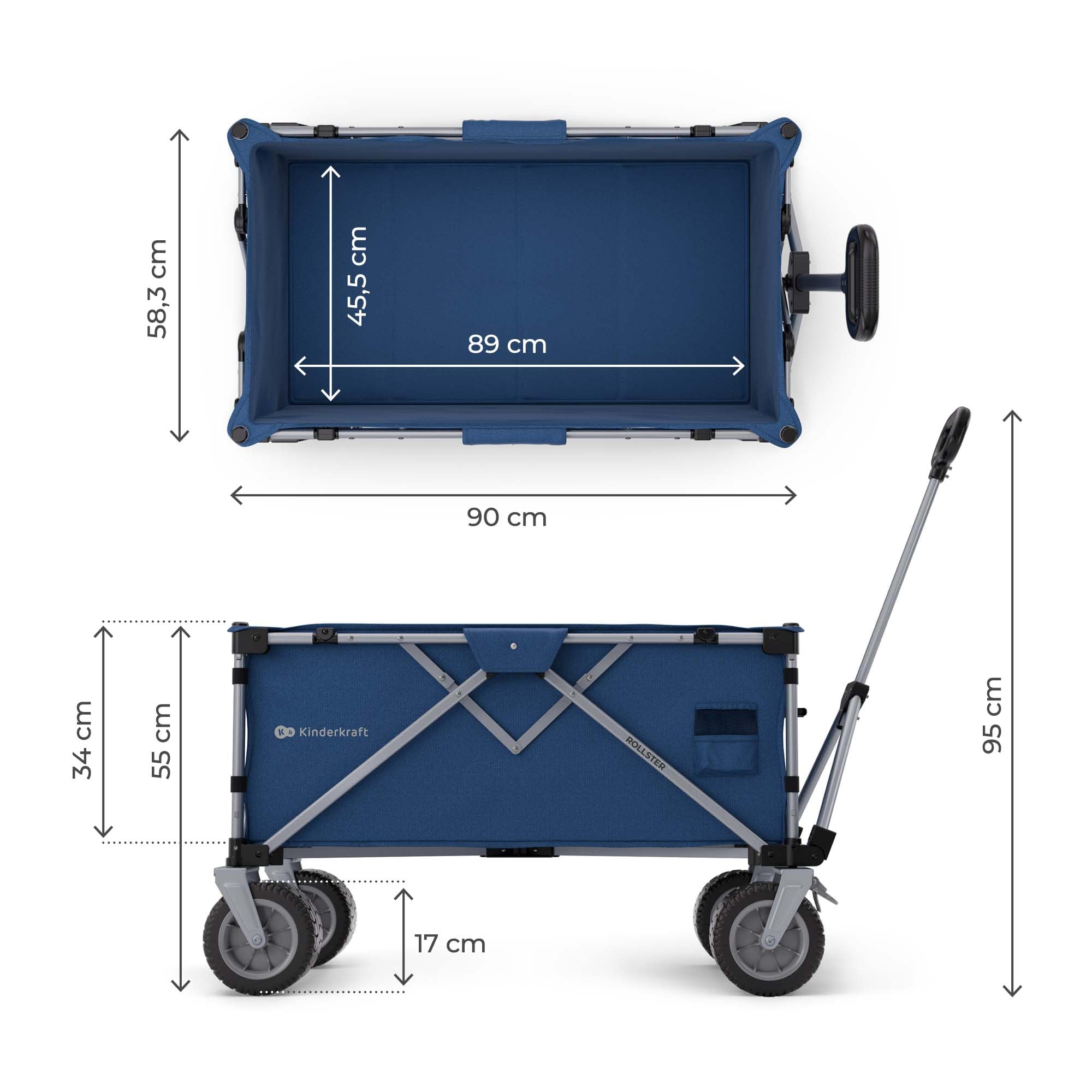 Kinderkraft ROLLSTER carrello pieghevole da trasporto, Capacità 130 litri, 100 kg di portata, leggero 10.3kg, Blu