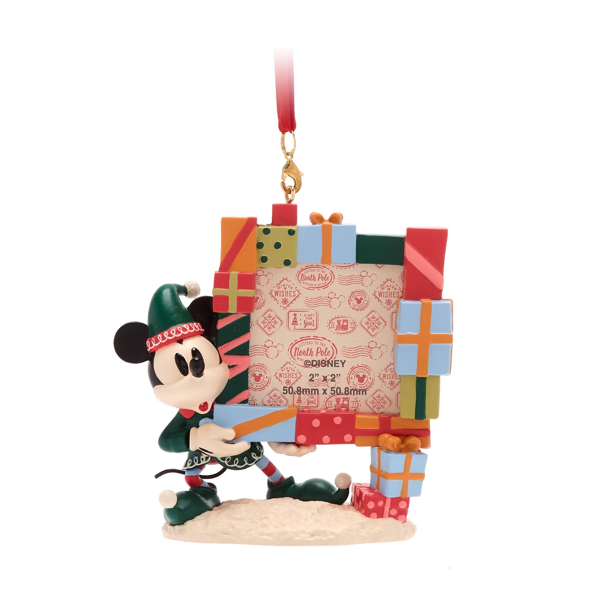Disney Store Official Mickey Mouse Adorno Marco navideño, 10 cm', decoración navideña esculpida con Mickey Elfo sujetando un Marco de Fotos Funcional, Cinta para Colgar y Base Plana para exposición