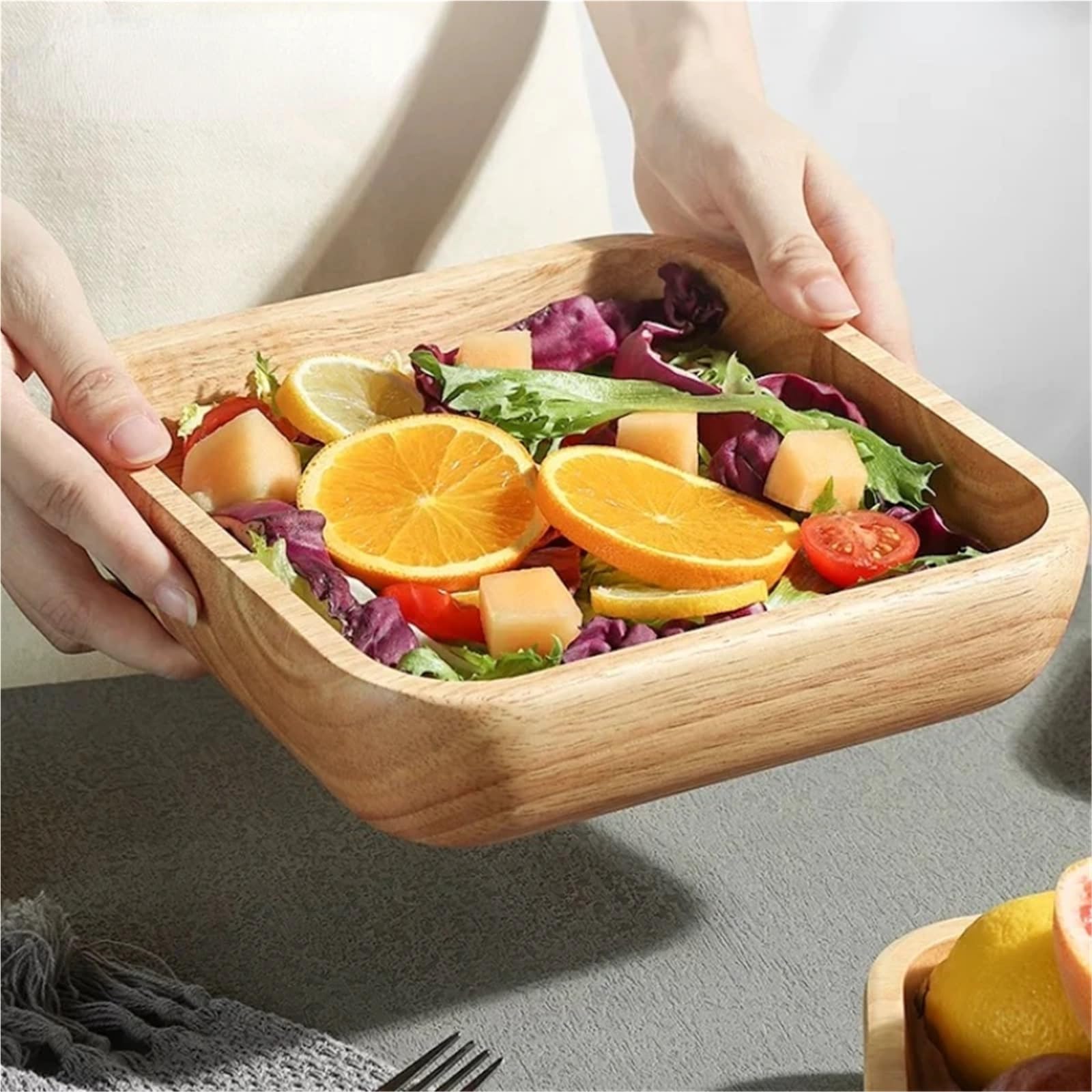 Ensaladera de madera maciza cuadrada roble, plato postre y fruta, vajilla(C 18x18x4.5cm)
