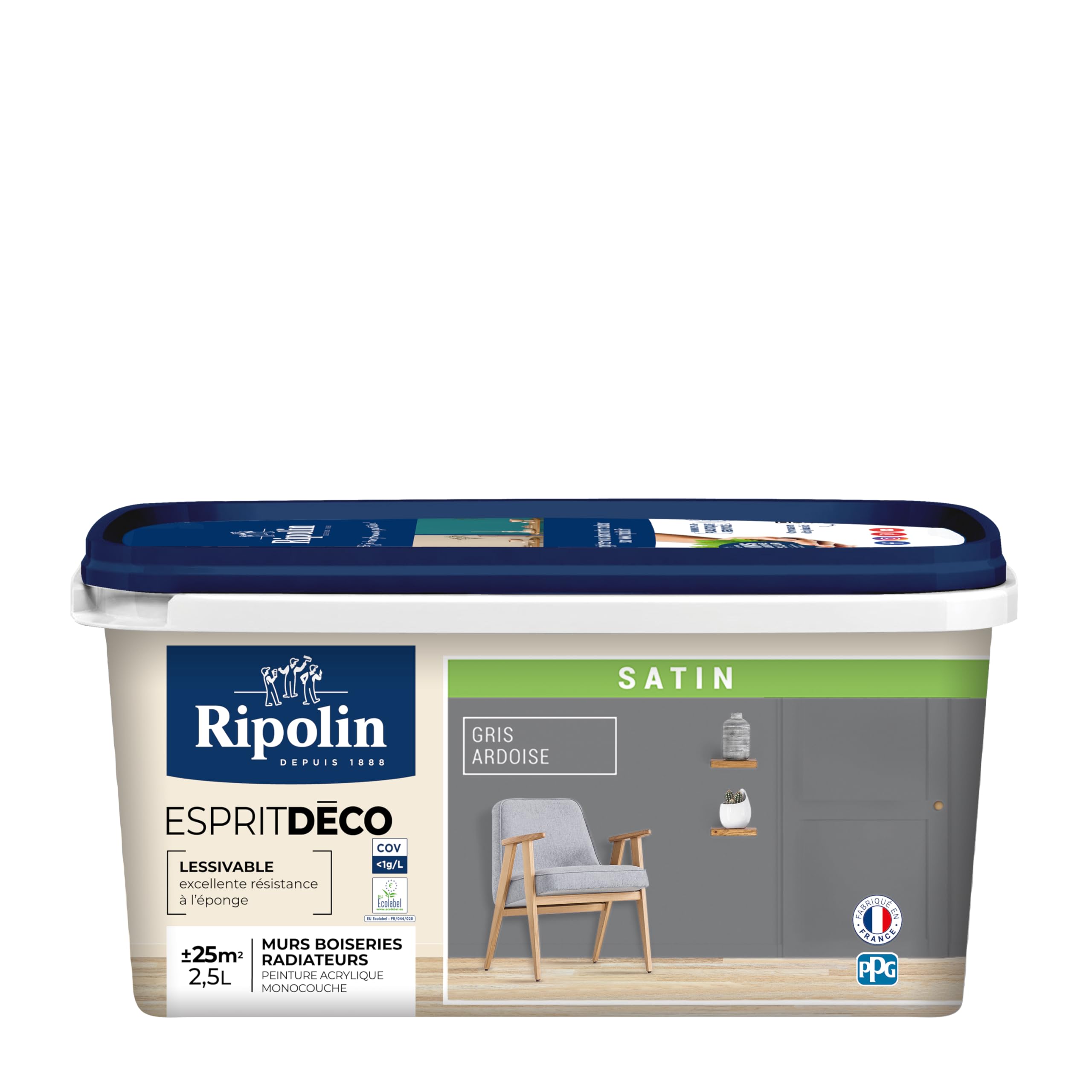 RIPOLIN - Peinture Intérieure Multi-​Supports – Murs, Boiseries & Radiateurs – Ultra-​Couvrante – Lessivable – Application Facile – Ecolabel - Satin - 2,​5L - Gris Ardoise