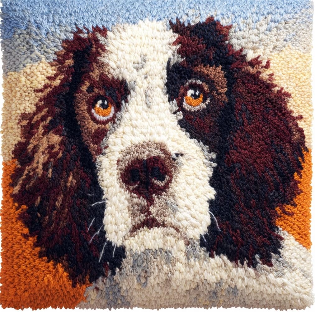 kitphoenix DIY Latch Hook Kits,Springer Spaniel Dog 17X17Inch Needlepoint Pillow Kit, Half Cross Stitch Kit, Embroidery Kit, Latch Hook Cushion Cover Hobby & Crafts