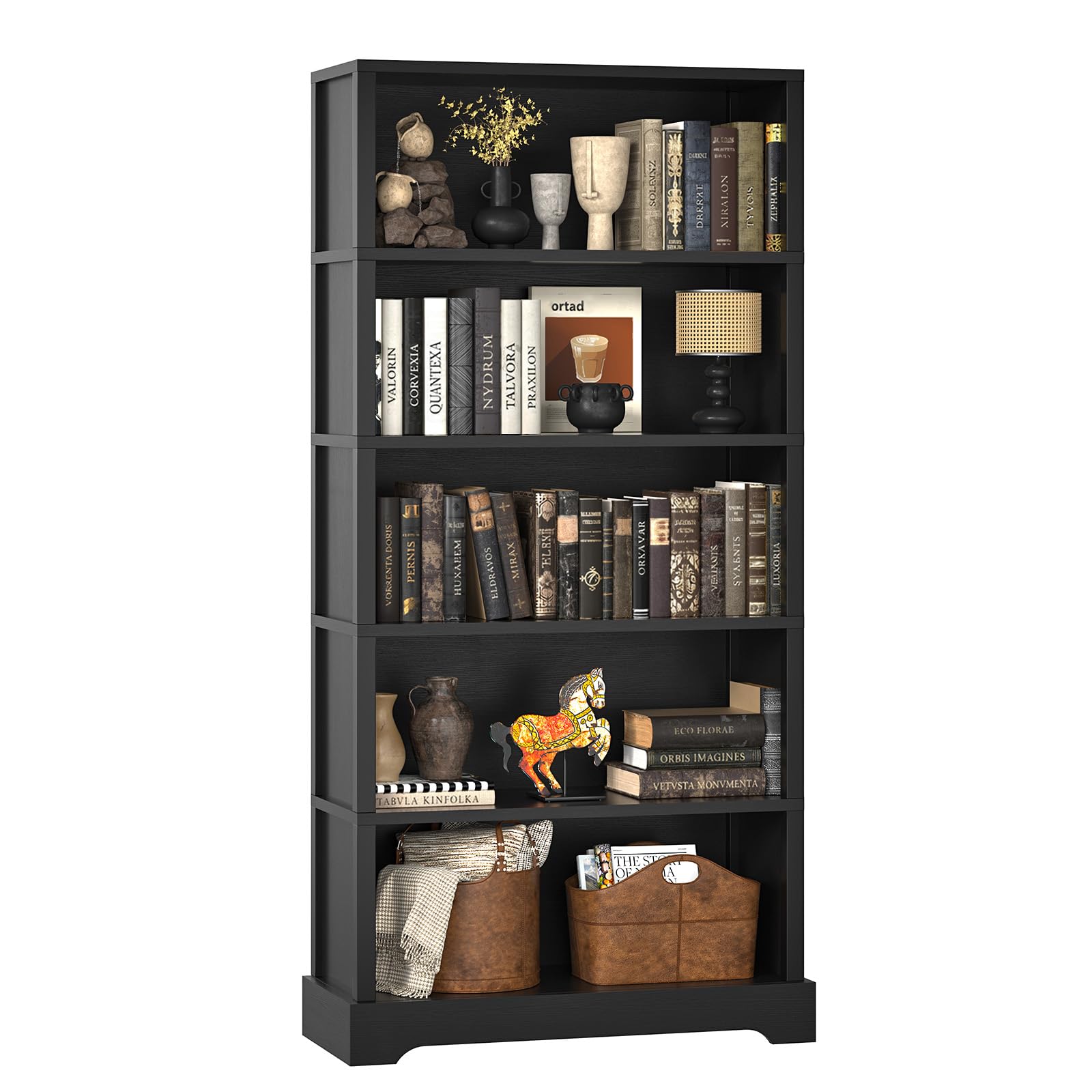 TVU 5 Tiers Wooden Bookshelf, 65.2" Tall Farmhouse Style Open Bookcase, 31.5" Wide Standing Book Shelf with Storage for Study Room, Living Room, Black