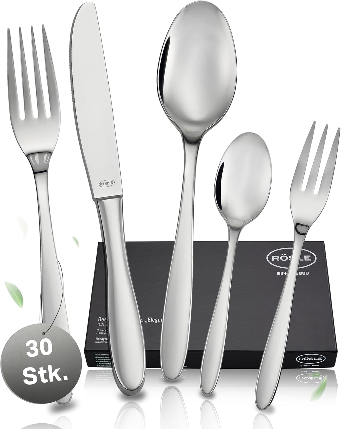 RÖSLE Elegance 30-Piece Cutlery Set for 6 People, 18/10 Stainless Steel, Blade Steel, High-Gloss, Dishwasher Safe