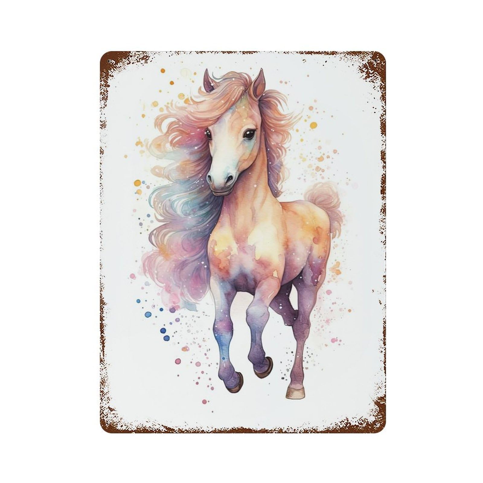Aged Metal Wall Plaque with Watercolor Baby Horse Pony Design 15.7"x11.8", for Garage, Bar And Workshop Decor, Rustic Home Decor