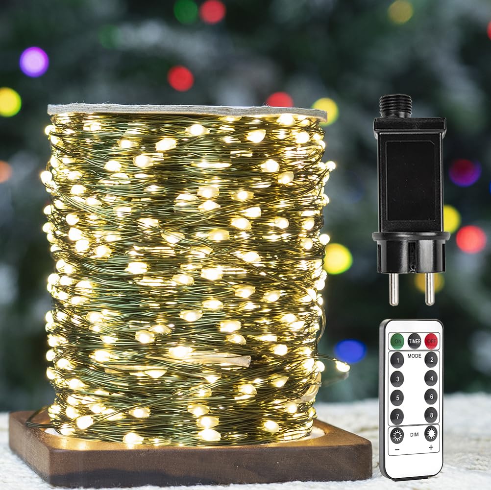Cadena de luces de hadas de 30m y 300 LED, con cables de cobre verde. Luces de cadena LED impermeables para exteriores/interiores, ideales para árbol de Navidad, patio trasero y plantas.