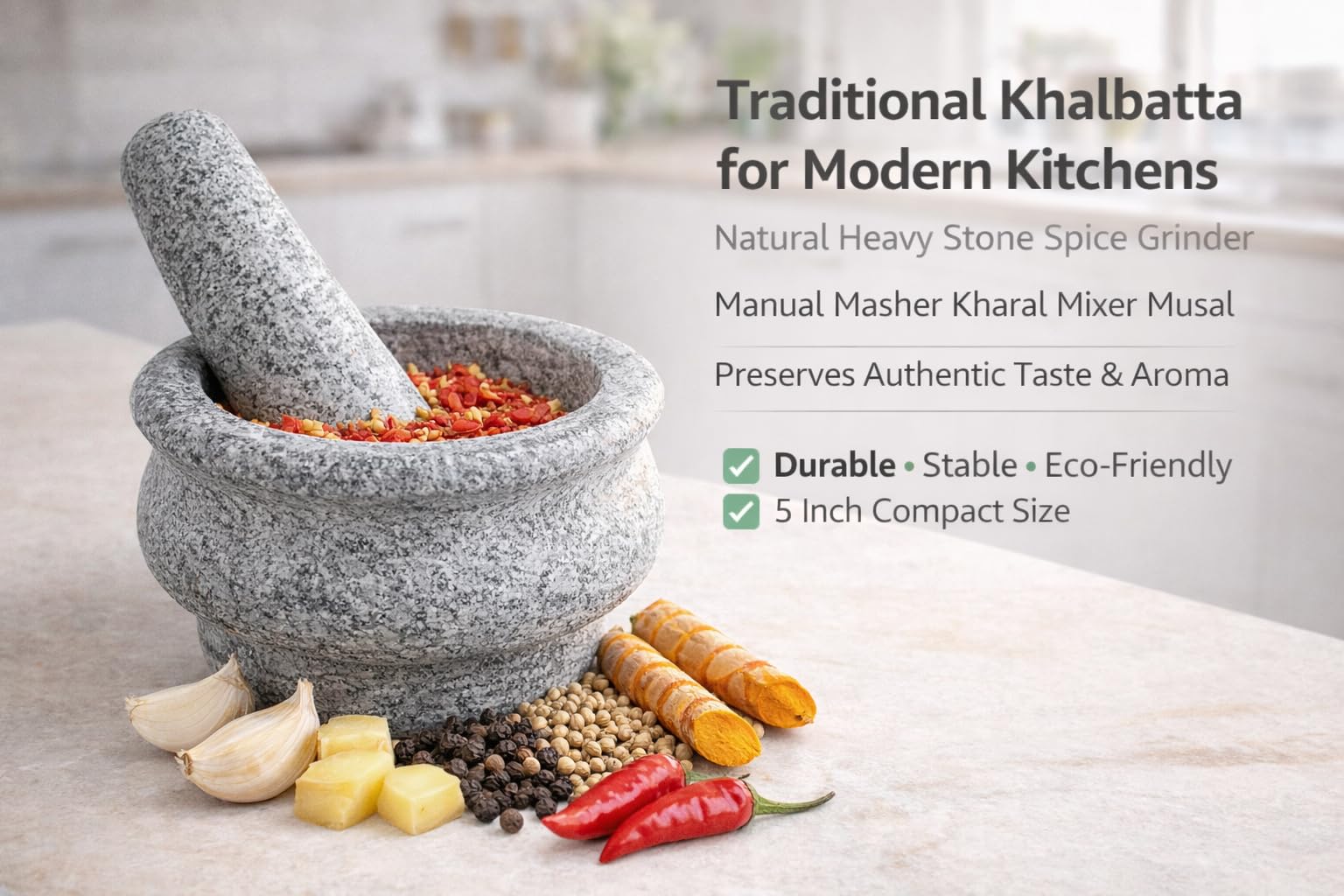 Nakshathra Stone Mortar and Pestle for Kitchen, Handcrafted Heavy Kharal Musal, Traditiaonal Grinder for Crushing Spices, Garlic, Ginger, Herbs, Ideal Khalbatta for Daily Use - Grey (5inch or 12.7cm) 1