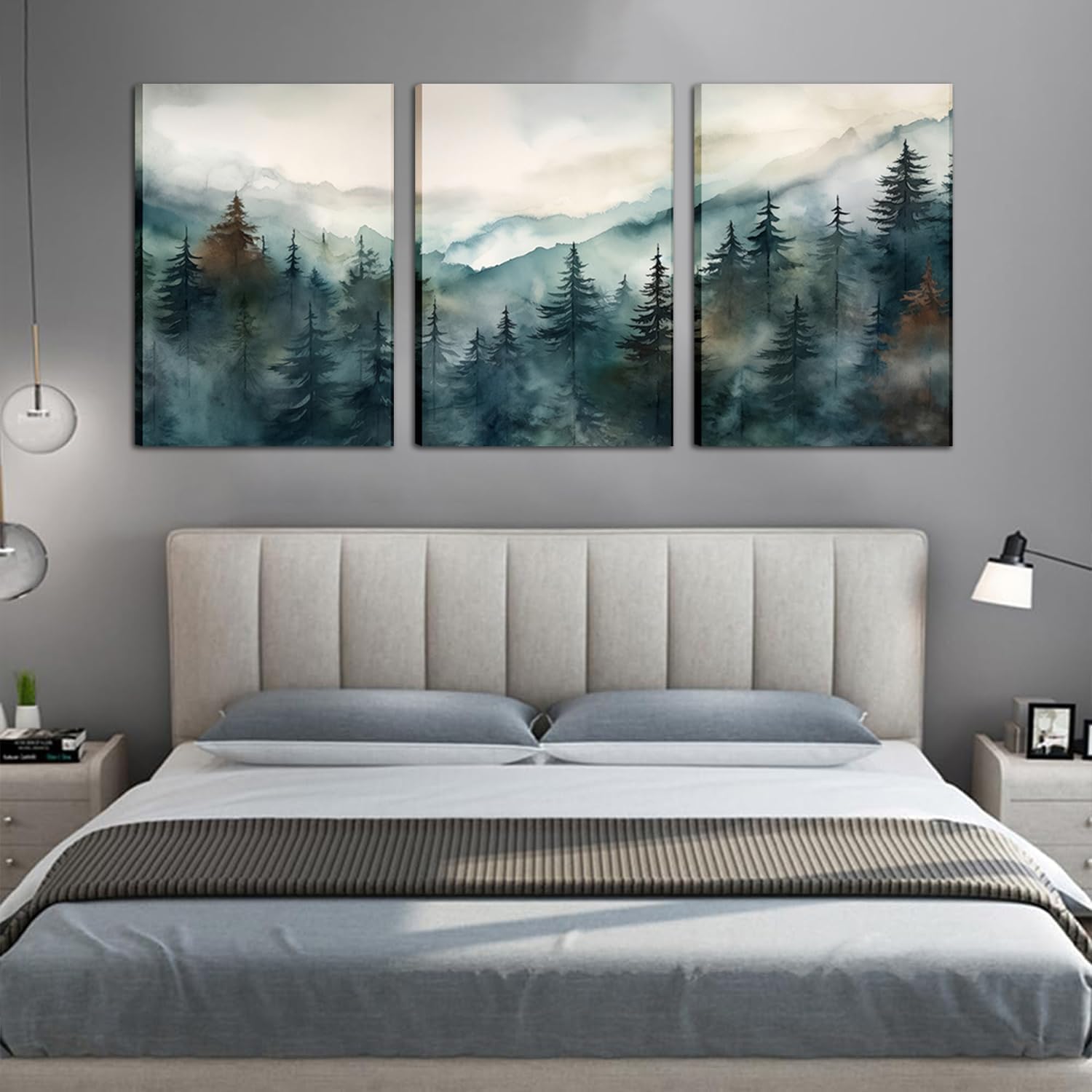 AKWISH Framed Green Forest Canvas Wall Art Set of 3, Boho Misty Watercolor Pine Tree Wall Decor Art, Nature Scenery Foggy Mountain Posters Prints for Living Room, Bedroom, Office 16x24 In