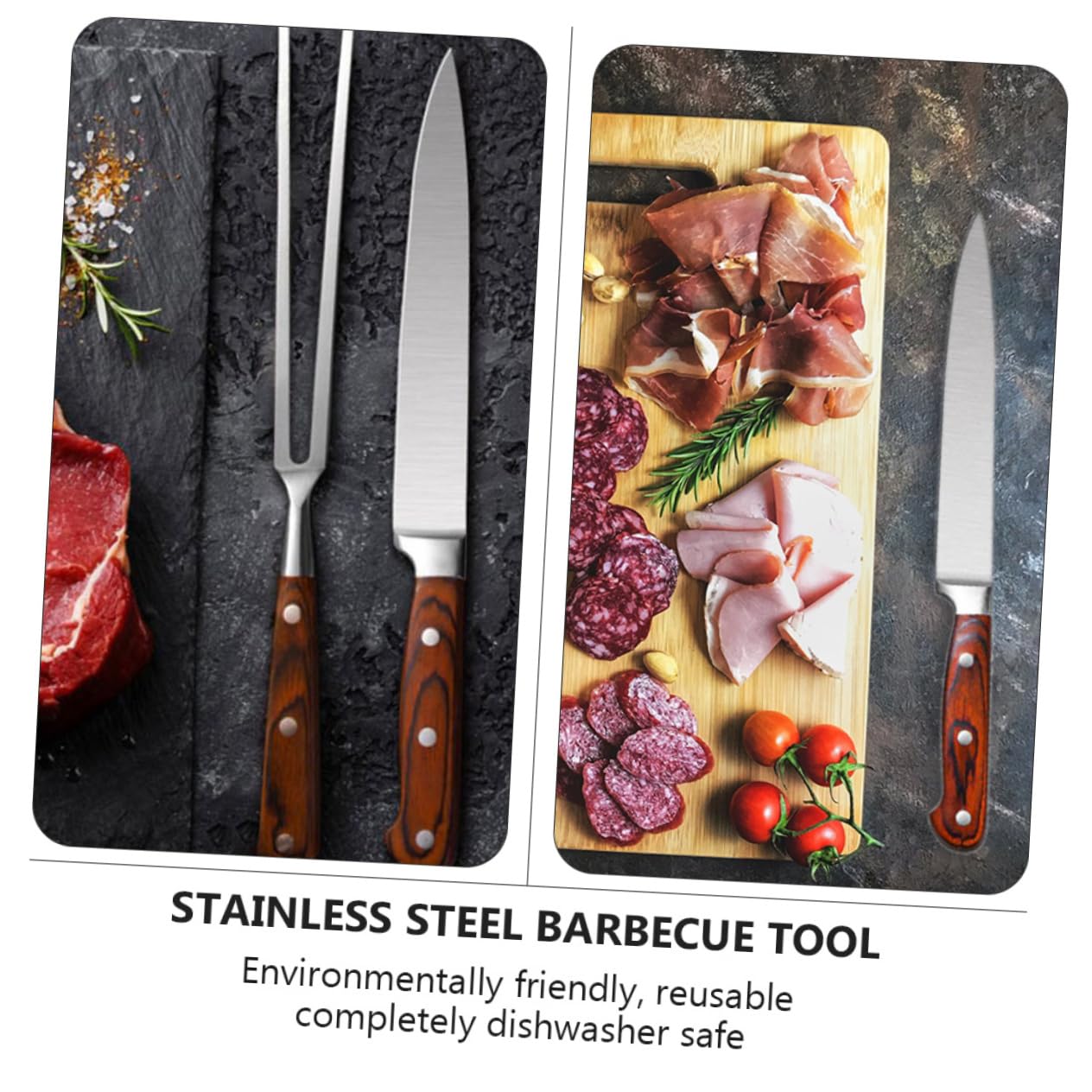 BESPORTBLE Cuchillo y Tenedor para Barbacoa Herramientas De Acero Inoxidable Mango De Madera para Outdoor Carne Parrillas Cortador y Tenedor para Carne De Cerdo Oveja